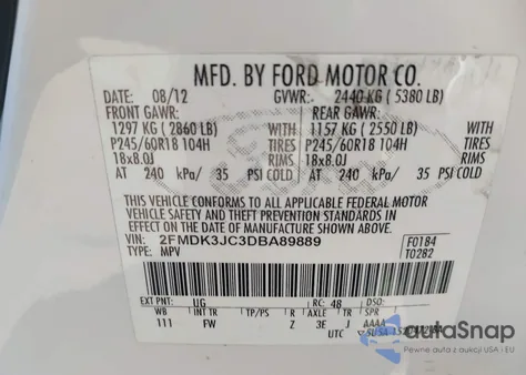 2013 Ford Edge из США, поврежденный, VIN 2FMDK3JD3DBA89889